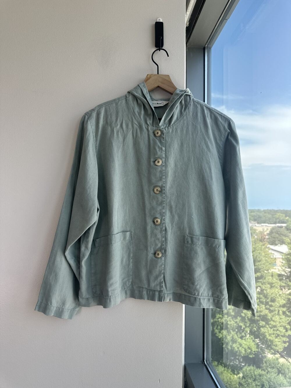 L.L.Bean 100% Linen Sage Button Front Hooded Lightweight Coastal Shirt Sz MP